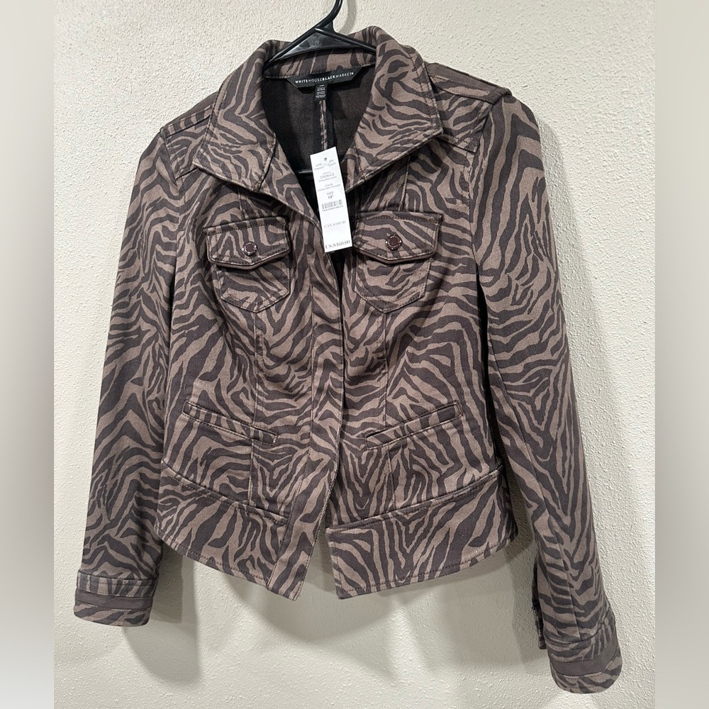 NWT White House Black Market Espresso Zebra Print Denim Jacket Size 0P - Picture 3 of 7